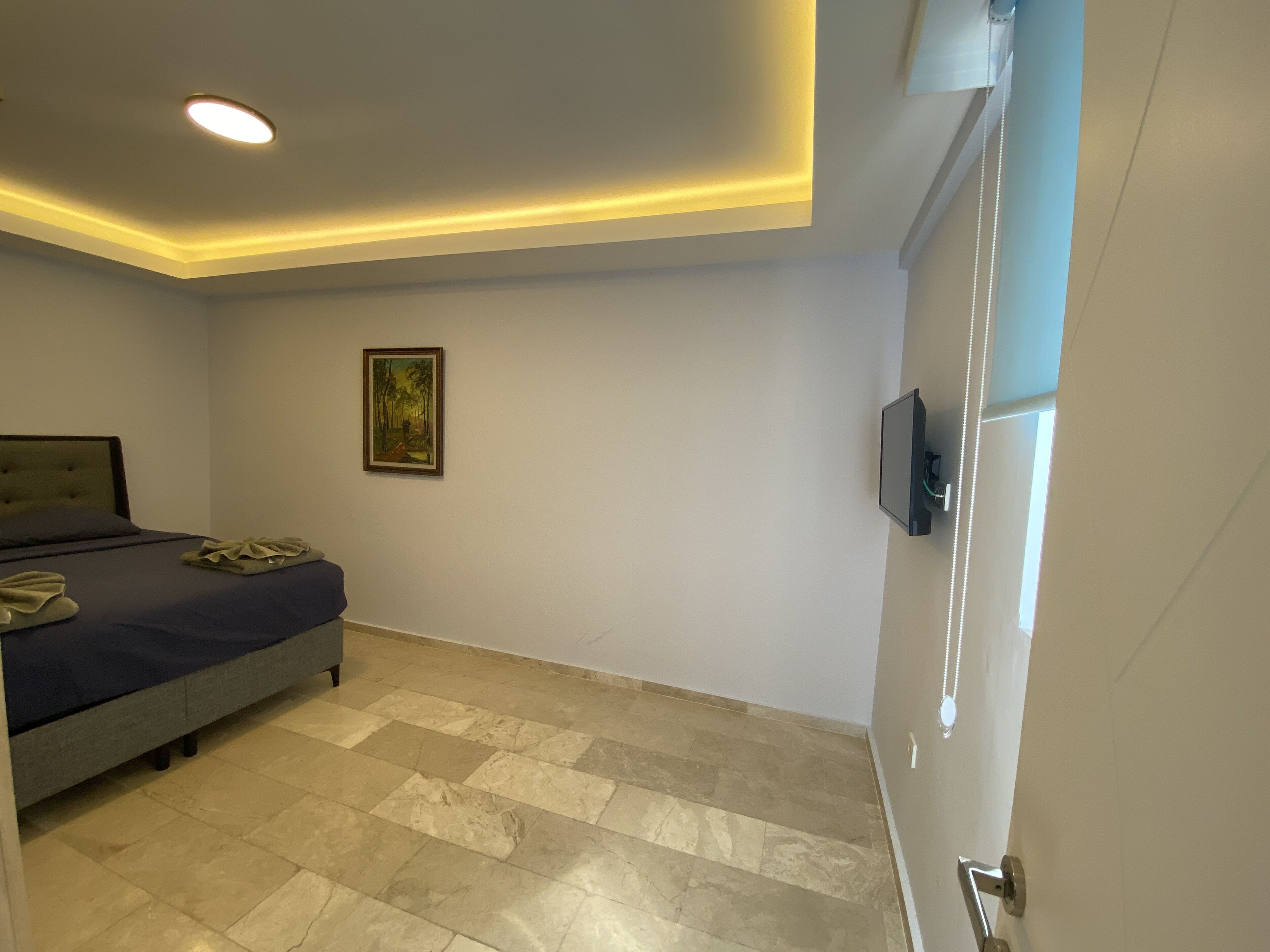 A bedroom with a bed, a painting on the wall, a television mounted on the wall, and a door with a handle.
