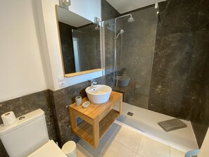 Shower, hair dryer, bidet, towels