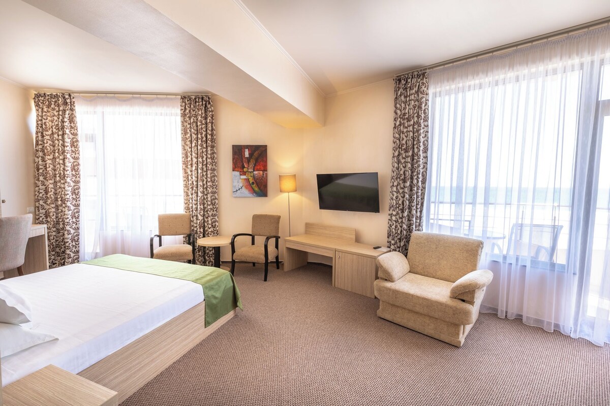 Una camera d'albergo con un letto, una scrivania, una sedia, un divano e una TV.