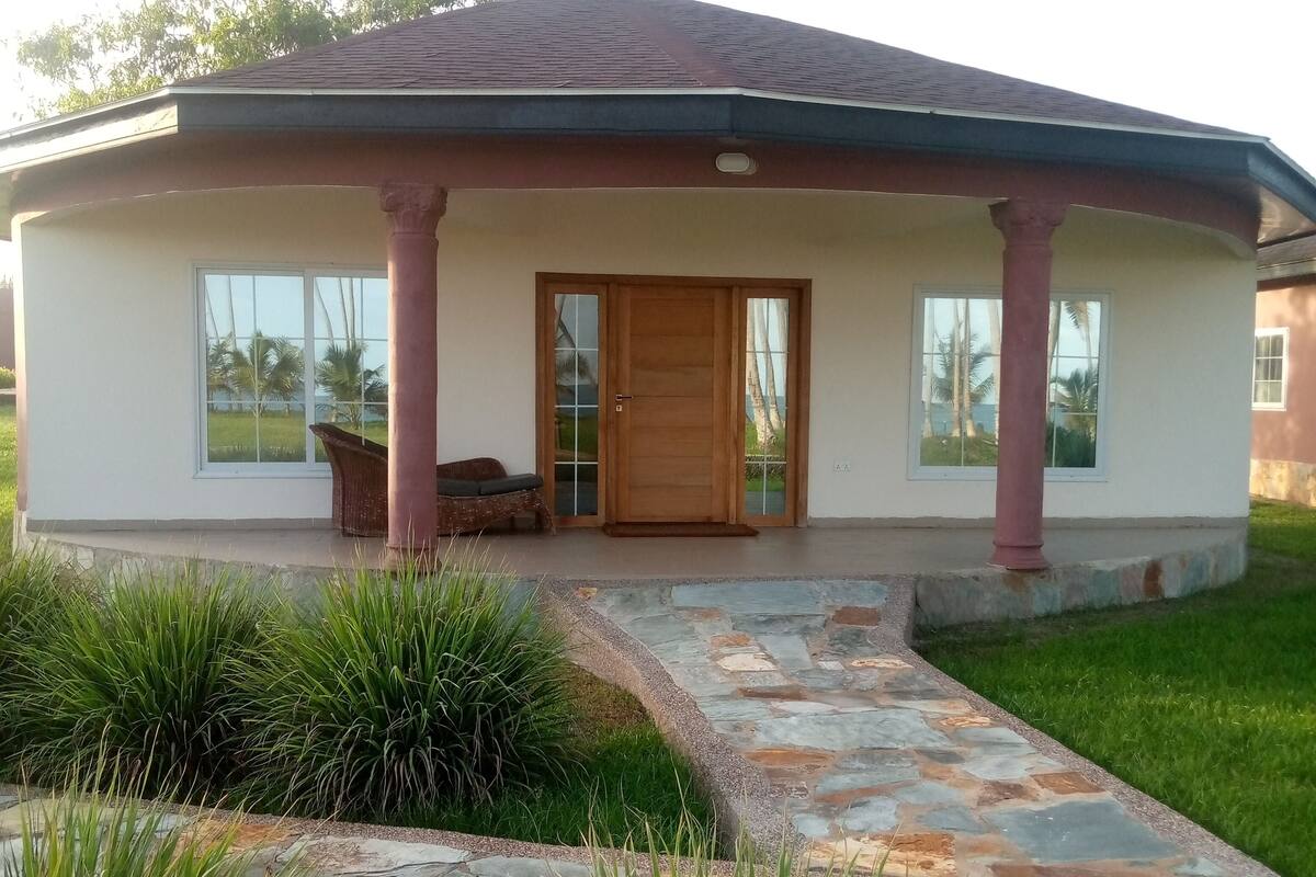 A modern house with a stone pathway leading to a wooden door, surrounded by lush greenery.