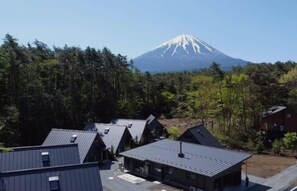 A row of cabins with a mountain in the background.