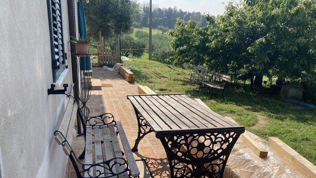 A patio with a wooden table and metal chairs, a potted plant, and a view of a green landscape. - Relaxation house (Marche)