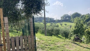 A fenced area with a wooden gate, a grassy field, and trees in the background. - Relaxation house (Marche)