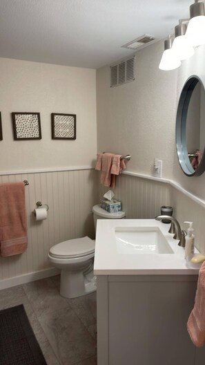 Hair dryer, towels, soap, toilet paper
