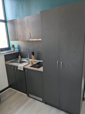 Fridge, microwave, stovetop, electric kettle