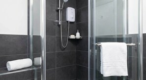 Shower, hair dryer, towels