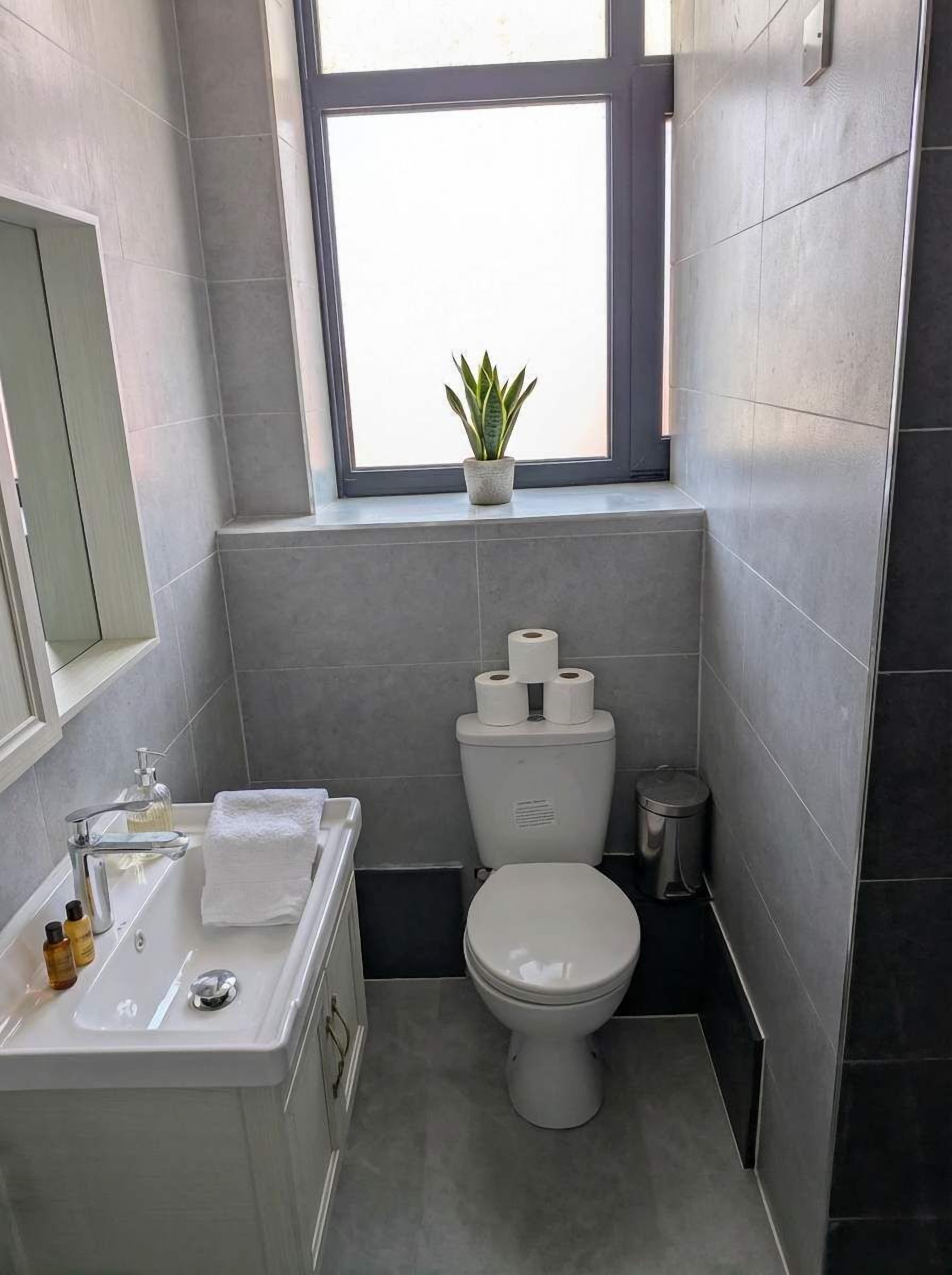 Shower, hair dryer, towels, shampoo