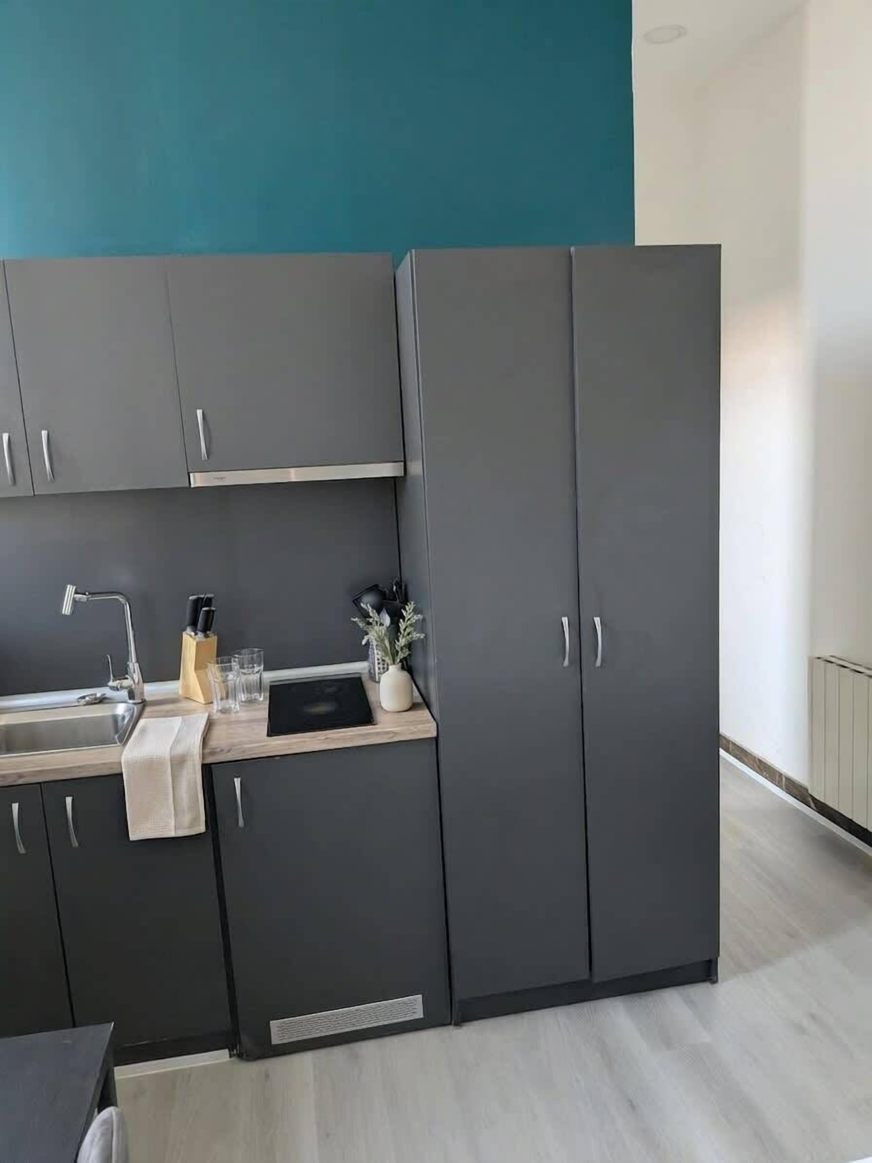 Fridge, microwave, stovetop, electric kettle