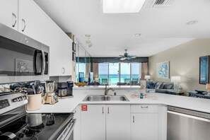Fridge, microwave, oven, stovetop - Gulf Front Unit~Pool+Hot Tub~2BR Sterling Sands 208 (Destin)