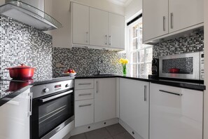 Fridge, microwave, dishwasher, coffee/tea maker