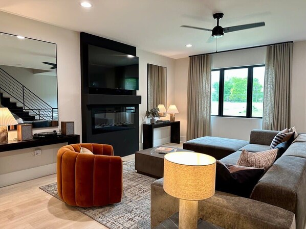 TV, fireplace, table football