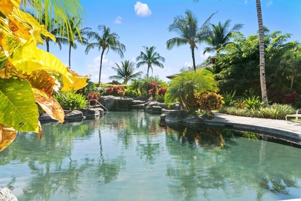 A clear pool surrounded by tropical plants and palm trees.