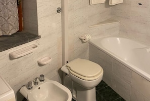 Hair dryer, bidet, towels, soap