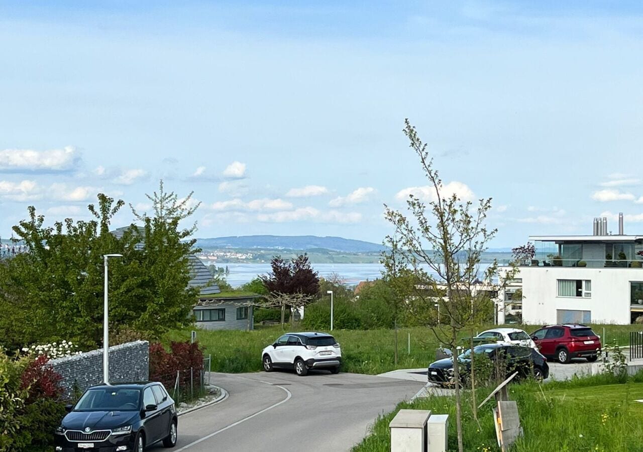 Une rue résidentielle bordée de voitures garées, avec des maisons modernes et une vue sur la mer.