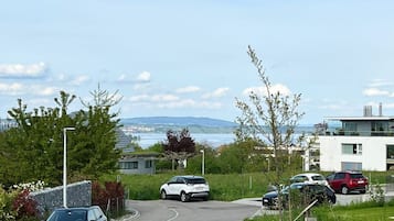 Eine Wohnstraße mit parkenden Autos, modernen Häusern und Blick aufs Meer.