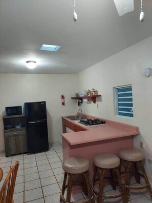 Frigorífico, microondas, placa de cocina y cafetera o tetera