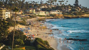 A beach with people, palm trees, and houses in the background. - Oceanfront/Ground Floor Unit/A/C/Parking/Guest Favorite (La Jolla)