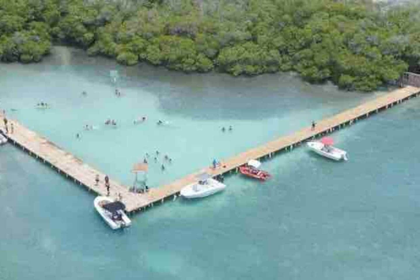 An aerial view of a pier extending into a turquoise body of water, surrounded by dense green foliage.