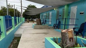 A pathway leading to a building with blue and green walls, a concrete floor, and a tree stump in a planter.