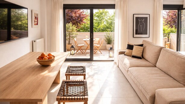 Un salon moderne avec un canapé, une table en bois sur laquelle se trouve un saladier rempli de fruits, un petit tabouret et une porte-fenêtre coulissante donnant sur une terrasse extérieure.