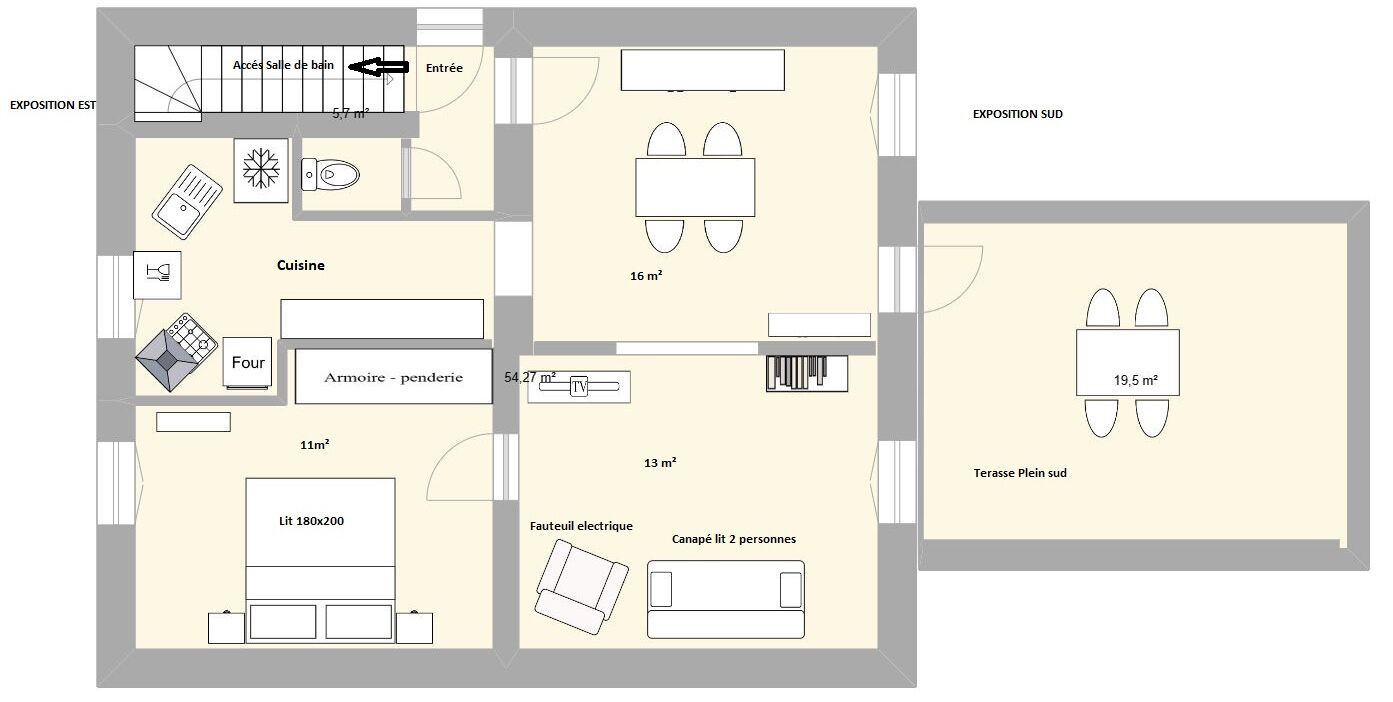 A hotel layout with a kitchen, dining area, four bedrooms, a bathroom, a living room, and a terrace.