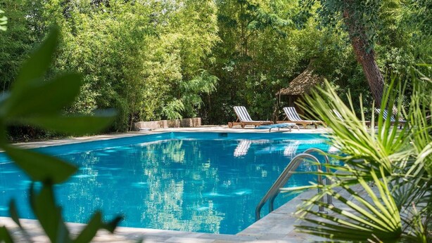 A clear blue swimming pool surrounded by lush greenery, with two lounge chairs and a small hut. - Villa The Park - Imperial Rome (Forte dei Marmi)