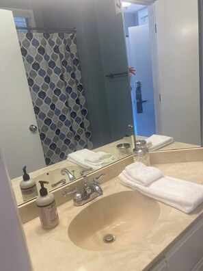 Hair dryer, towels, soap, toilet paper