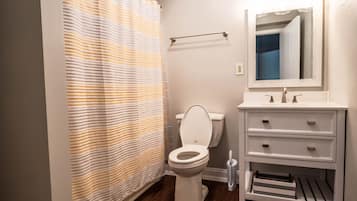 Hair dryer, towels, soap, shampoo