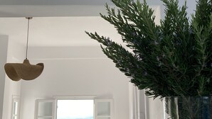 A modern kitchen with a view of the ocean, a hanging light fixture, and a potted plant. - PAROS FIVE SENSES (Paros)