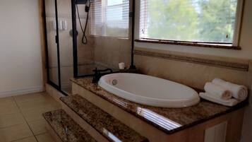 Shower, jetted tub, hair dryer, towels