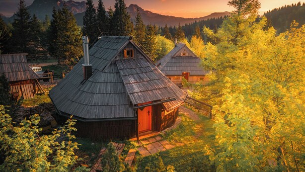 A rustic cabin with a conical roof surrounded by dense forest and mountains in the background.