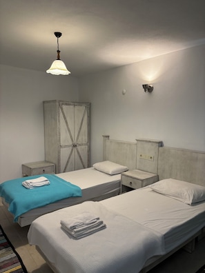 A hotel room with two beds, a wardrobe, a nightstand, a wall-mounted light, and a ceiling light fixture.