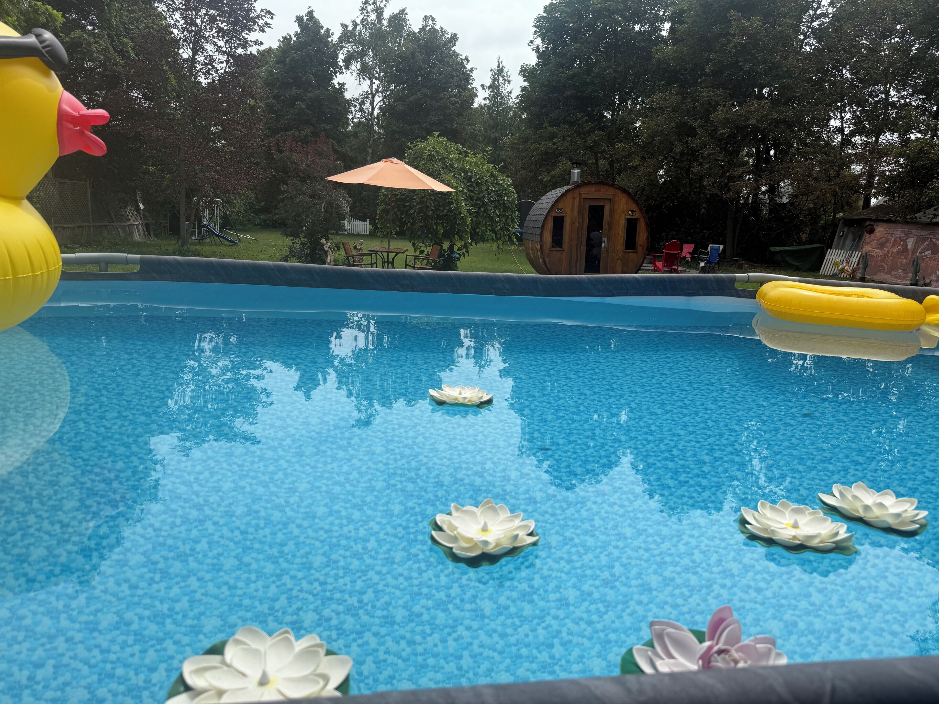 A swimming pool with inflatable toys and artificial flowers.