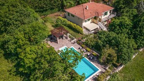 An aerial view of a house with a swimming pool, surrounded by lush greenery. - Nice apartment in Buzet (Buzet)