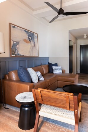 Luksussuite | Oppholdsområde | En 43-tommers Flatskjerm-TV med Parabol-TV samt TV og MP3-dokkingstasjon