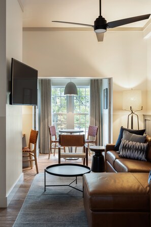 Luksussuite | Oppholdsområde | En 43-tommers Flatskjerm-TV med Parabol-TV samt TV og MP3-dokkingstasjon