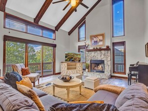 Smart TV, fireplace, books, streaming services