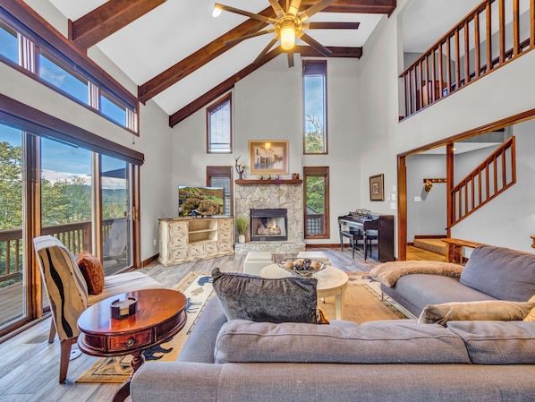 Smart TV, fireplace, books, streaming services