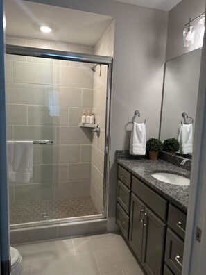 Shower, hair dryer, towels, soap
