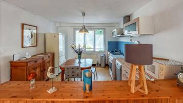 Een koelkast, een oven, een kookplaat, een vaatwasser