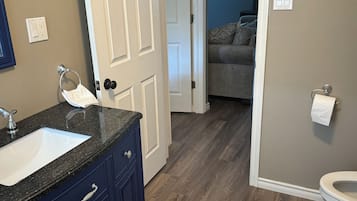 Hair dryer, towels, soap, shampoo