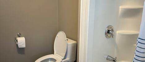 A bathroom with a toilet, a framed picture on the wall, and a bathtub.