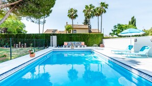Une piscine dont le bord est recouvert de carrelage, avec des chaises longues et un palmier en arrière-plan.