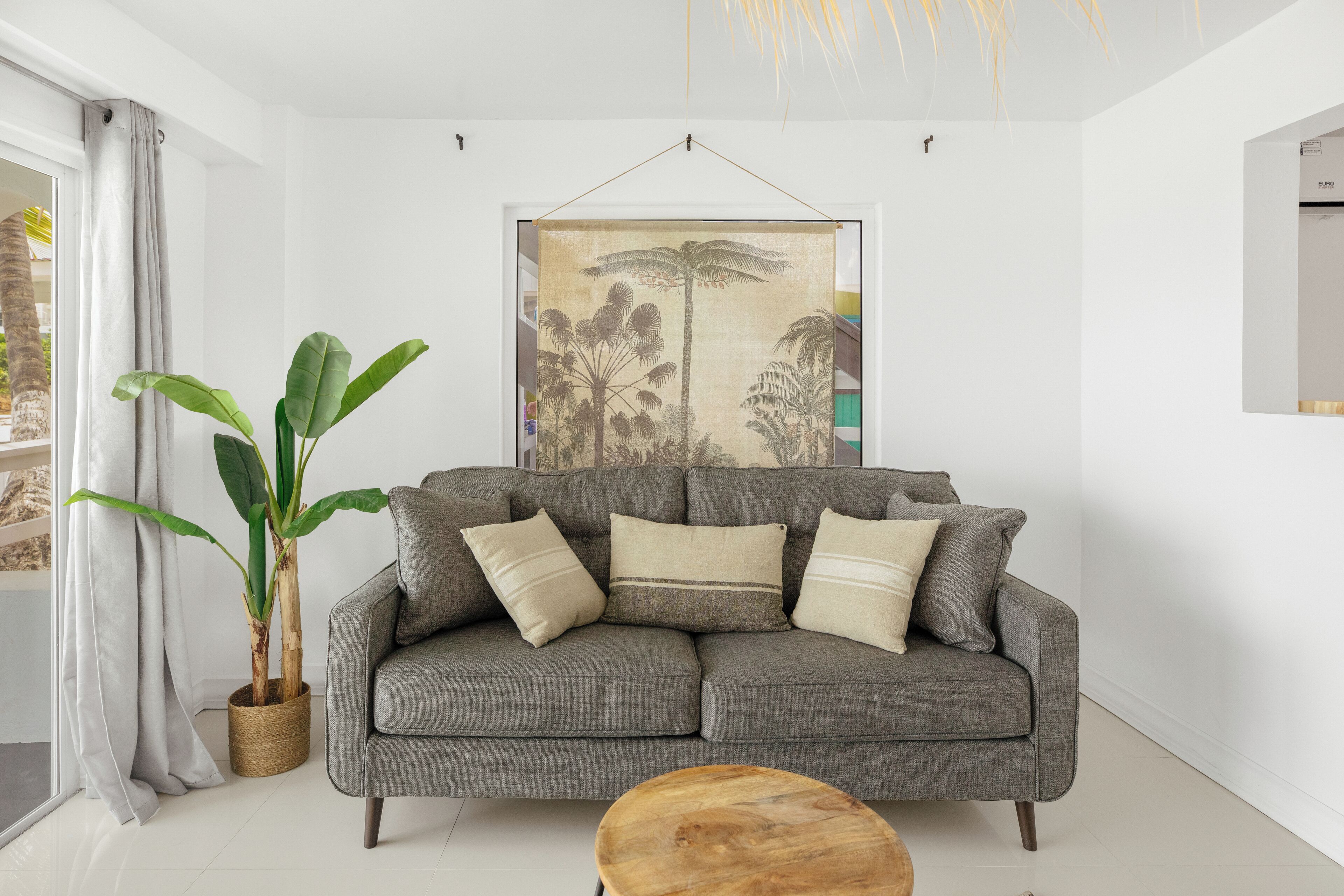 A modern living room with a grey sofa, a wooden coffee table, and a large potted plant.