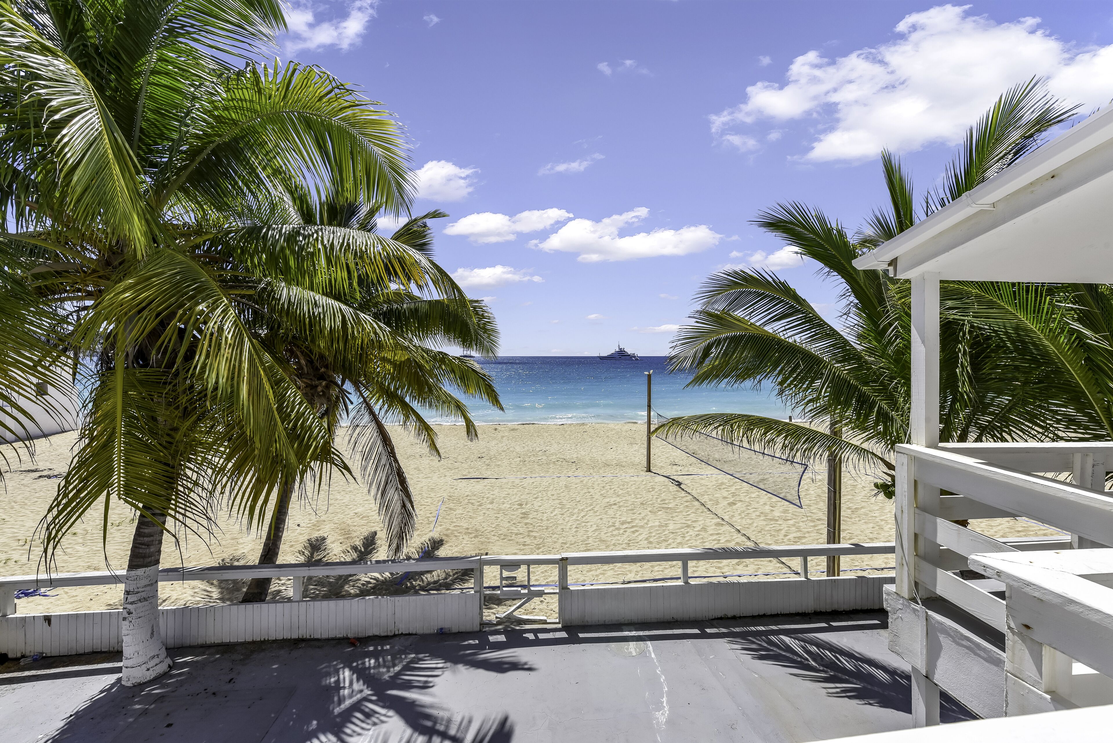 Vista de una playa con palmeras, arena y cielo despejado.