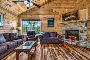 Smart TV, fireplace, video games, DVD player