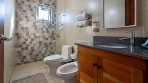 A bathroom with a shower, toilet, bidet, vanity with a sink, and a mirror. - Homely 4BR Villa With Private Pool in Punta Cana (Punta Cana)