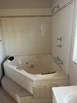 Regadera, tina de hidromasaje, toallas, jabón 