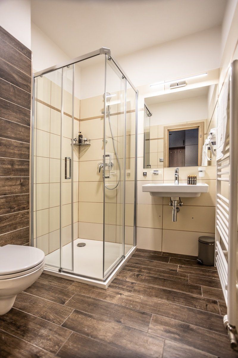A bathroom with a glass-enclosed shower, a toilet, a sink with a mirror, and a radiator.