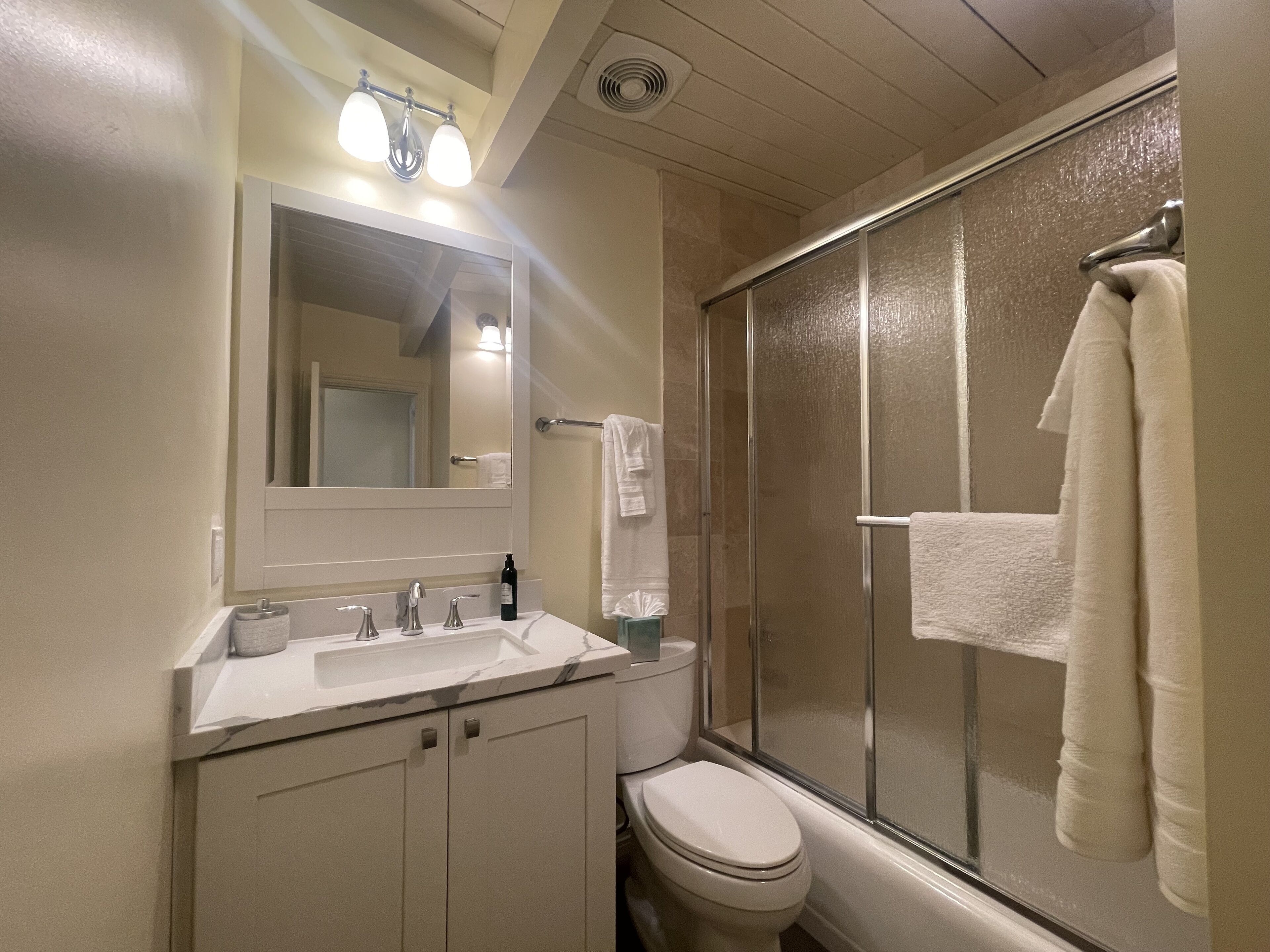 Hair dryer, towels, soap, shampoo